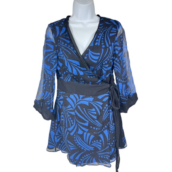 Silkland Womens Size Small Black & Blue Wrap Blouse 100% Silk - Picture 10 of 12